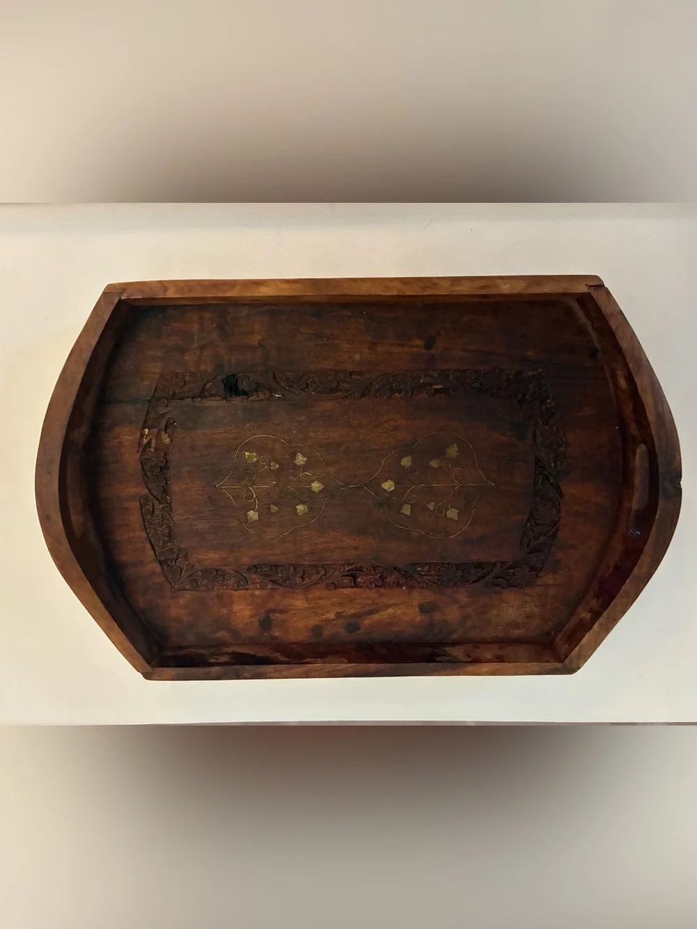 Vintage Indian Carved Wooden Tray Brass Floral Inlay 14.75x10 Farmhouse (as is)